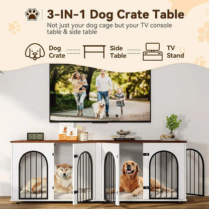 Dog Crate Furniture for 2 Dogs, 71" Dog Kennel Indoor with Cushions,Xxl Wooden Dog Crates TV Stand with Removable Divider