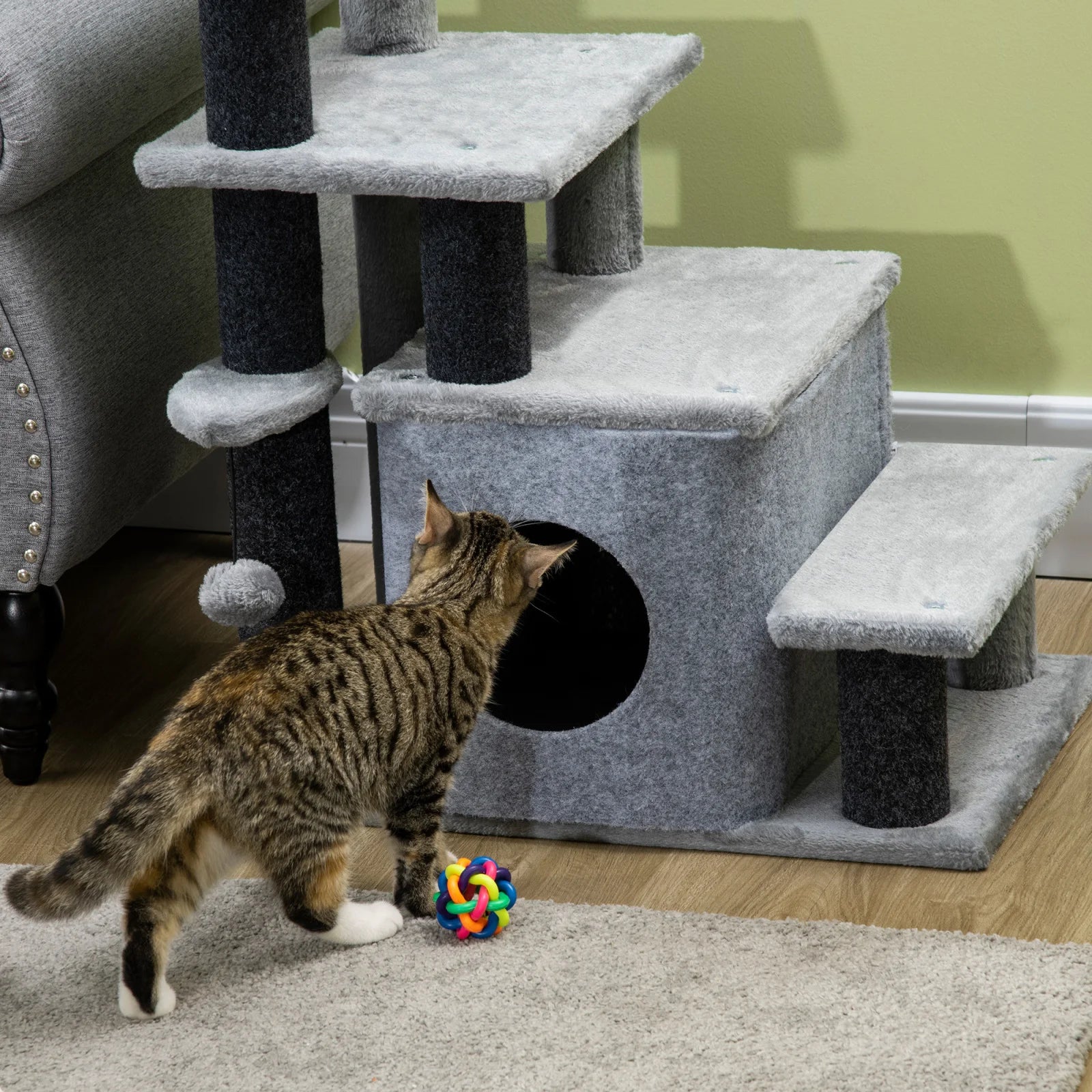 Stable Chipboard Cat Scratch Tree and Cottage, Plush Cover Adjustable 3/4-Stage Cat Stairs with Bedroom & Play Ball