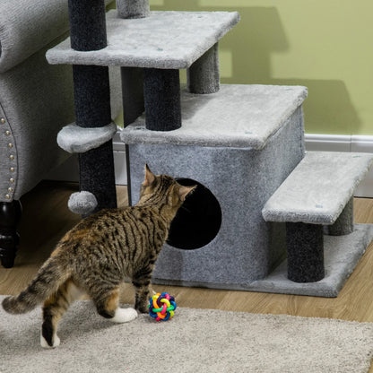 Stable Chipboard Cat Scratch Tree and Cottage, Plush Cover Adjustable 3/4-Stage Cat Stairs with Bedroom & Play Ball