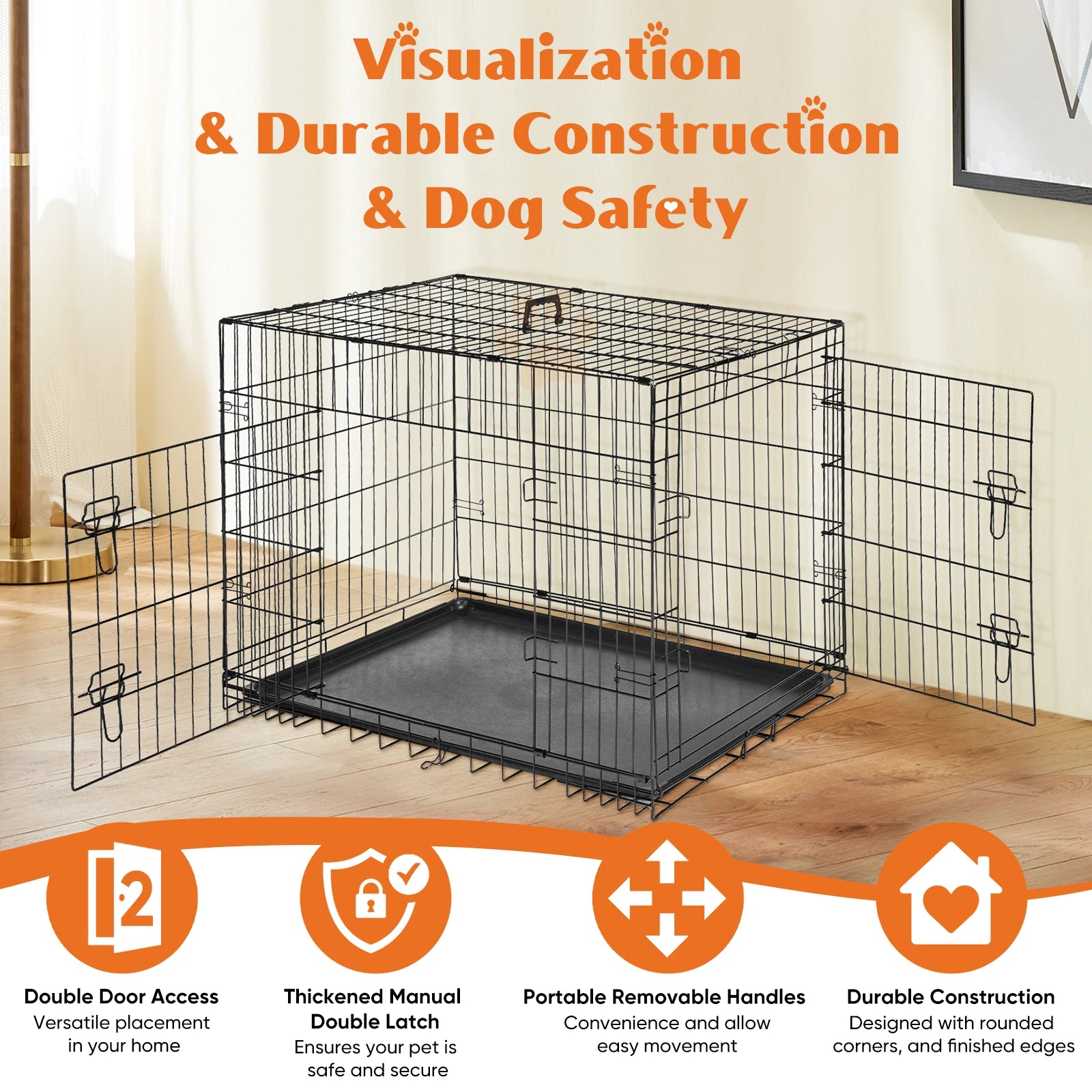 48 Inch Double Door Folding Metal Wire Dog Cage with Plastic Leak-Proof Pan Tray Extra Large Pet Kennel for Outdoor Travel
