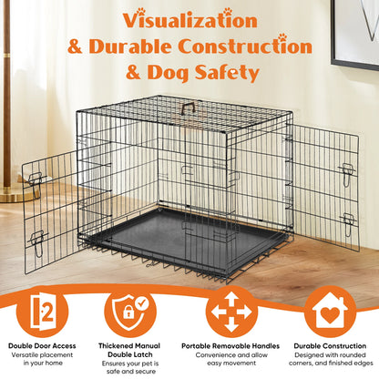 48 Inch Double Door Folding Metal Wire Dog Cage with Plastic Leak-Proof Pan Tray Extra Large Pet Kennel for Outdoor Travel
