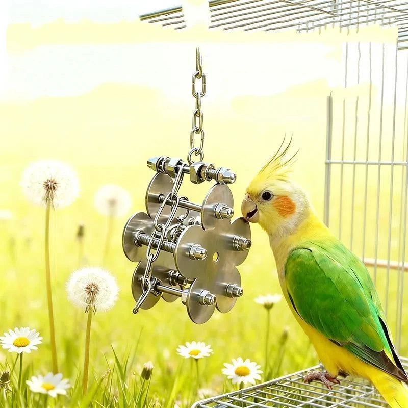 Parrot Stainless Steel Biting Toy Durable Cage Hanging Chewing Bird Toys Parrot Bell Puzzle Interactive Foraging Bird Toys