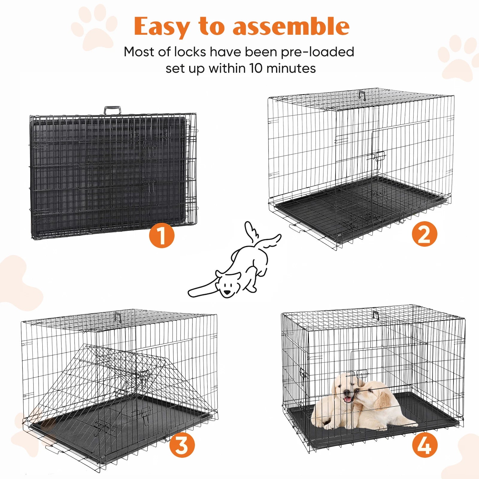 48 Inch Double Door Folding Metal Wire Dog Cage with Plastic Leak-Proof Pan Tray Extra Large Pet Kennel for Outdoor Travel