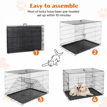 48 Inch Double Door Folding Metal Wire Dog Cage with Plastic Leak-Proof Pan Tray Extra Large Pet Kennel for Outdoor Travel