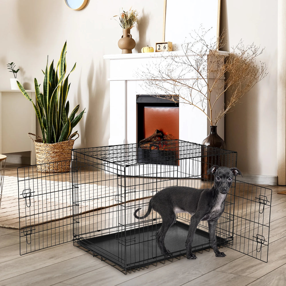 48 Inch Double Door Folding Metal Wire Dog Cage with Plastic Leak-Proof Pan Tray Extra Large Pet Kennel for Outdoor Travel