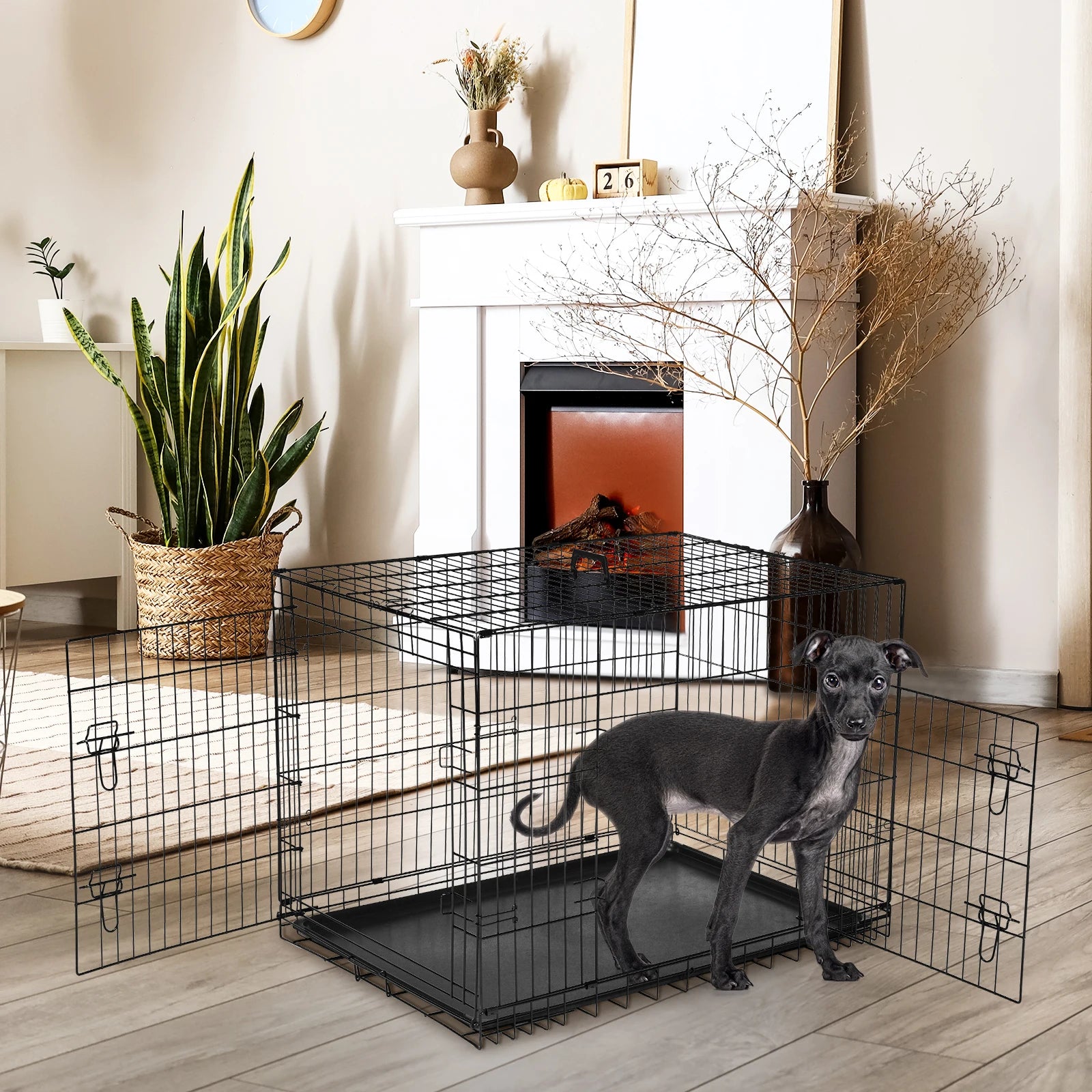 48 Inch Double Door Folding Metal Wire Dog Cage with Plastic Leak-Proof Pan Tray Extra Large Pet Kennel for Outdoor Travel