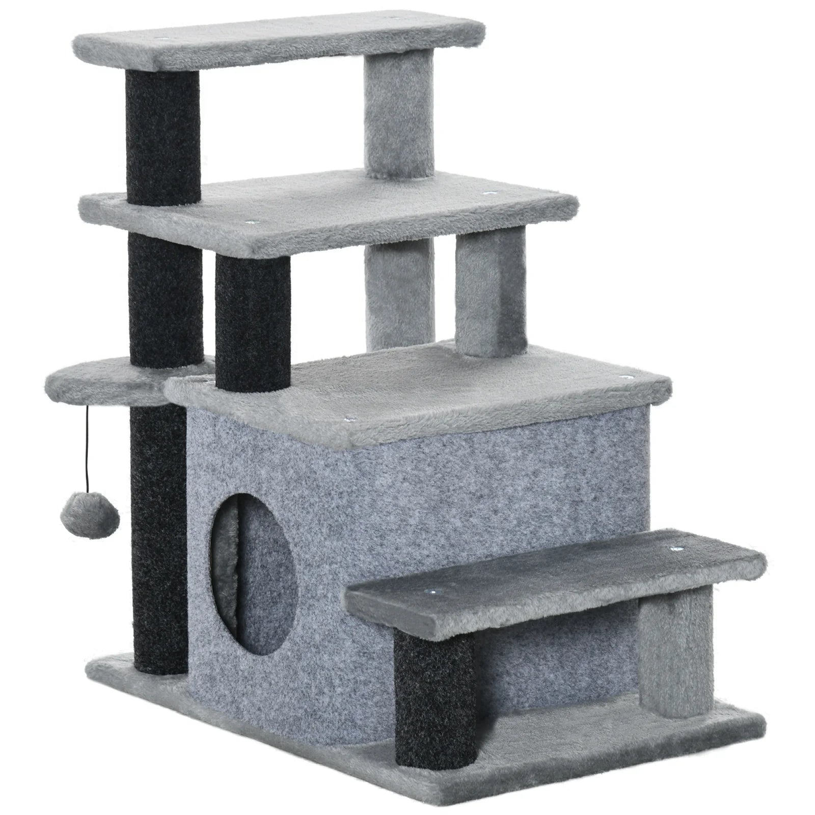 Stable Chipboard Cat Scratch Tree and Cottage, Plush Cover Adjustable 3/4-Stage Cat Stairs with Bedroom & Play Ball
