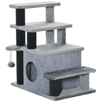 Stable Chipboard Cat Scratch Tree and Cottage, Plush Cover Adjustable 3/4-Stage Cat Stairs with Bedroom & Play Ball
