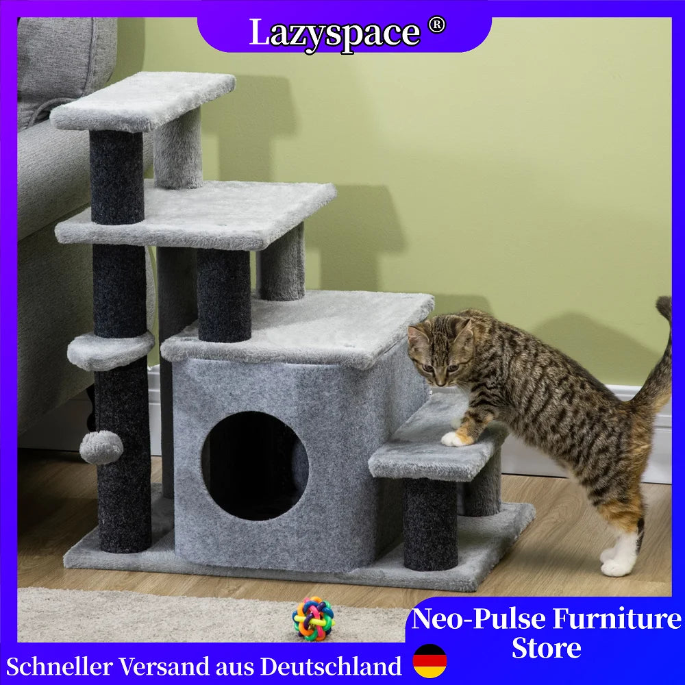 Stable Chipboard Cat Scratch Tree and Cottage, Plush Cover Adjustable 3/4-Stage Cat Stairs with Bedroom & Play Ball